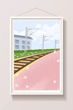 手绘卡通大树草地风景