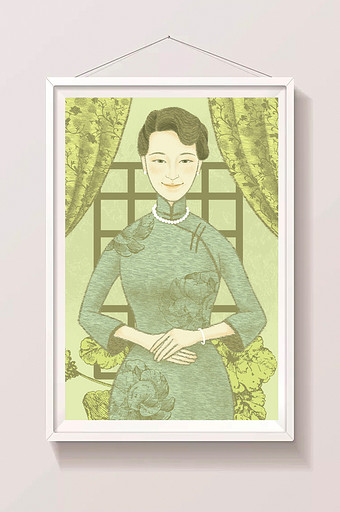 绿色唯美中国风民国旗袍女性插画图片
