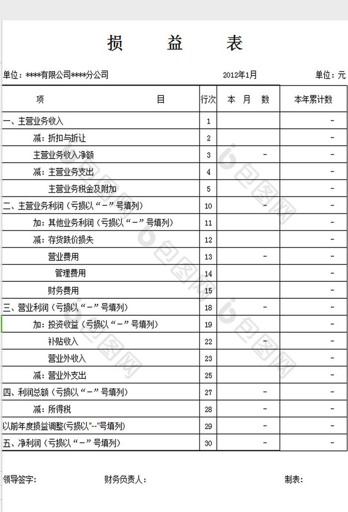 损益表模板excel模板