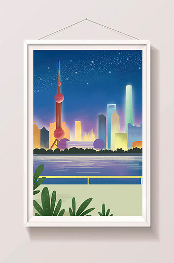 手绘卡通上海城市夜景插画图片下载