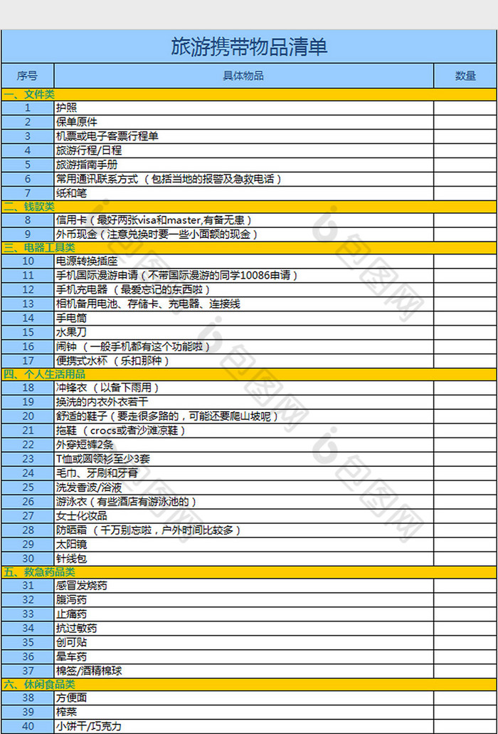 旅游携带物品清单excel模板