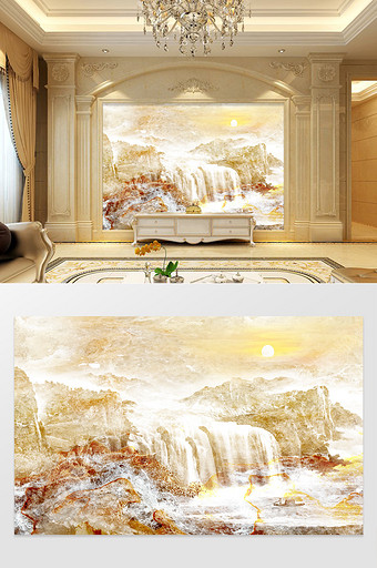 高清3D大理石纹山水花日出背景墙名山水韵图片