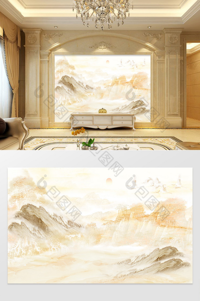 高清3D大理石纹山水日出背景墙江山如画图片图片