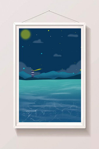 唯美静谧夜晚海洋蓝色插画背景图片