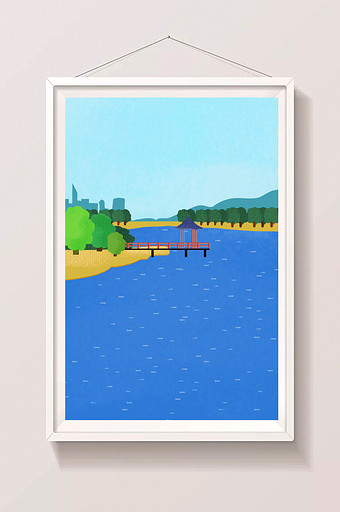 蓝色公园湖景插画背景图片
