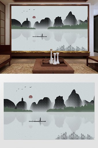 中国风意境山水孤舟江南水墨画背景墙图片
