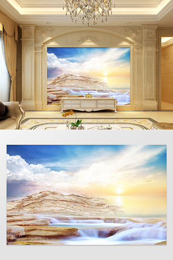 高清3D大理石纹山水日出背景墙九重云海图片