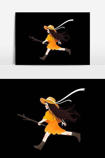 可爱卡通戴帽子跑步的女孩图片