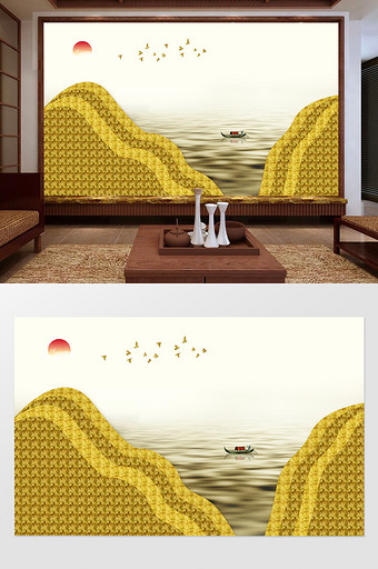 现代中式金色线条山水电视背景墙图片