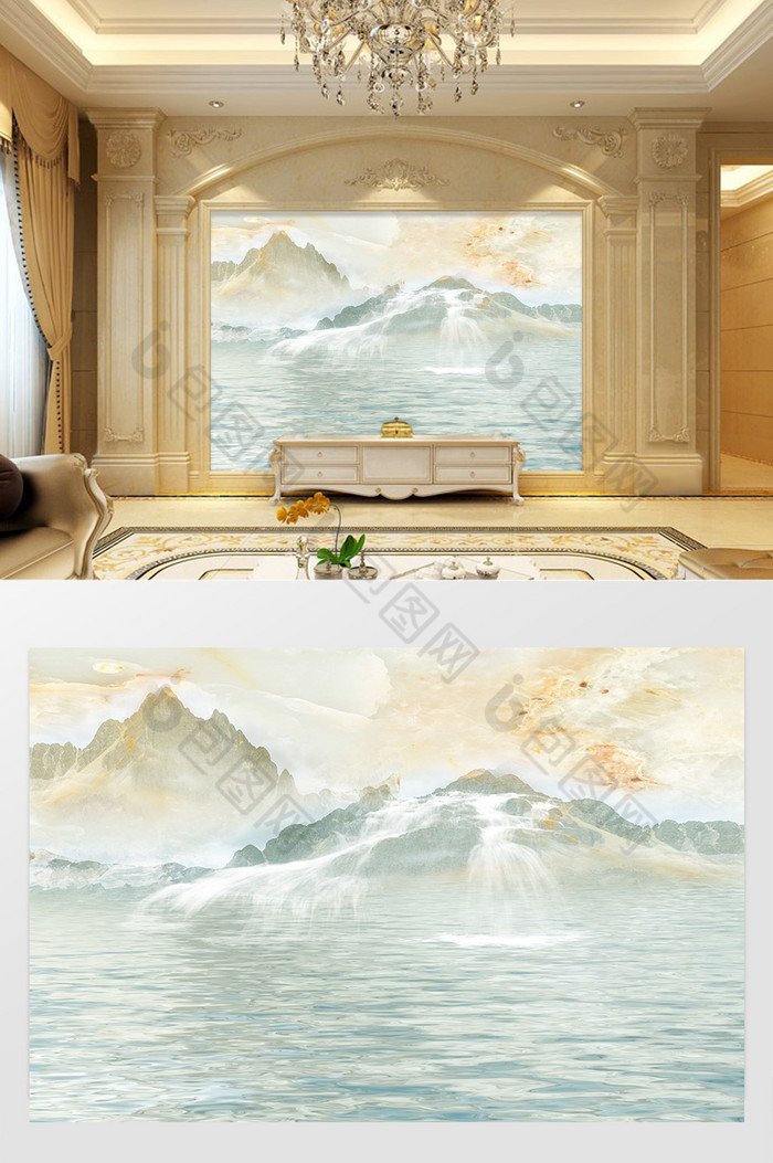 高清3D大理石纹山水花日出背景墙浩海风情图片图片