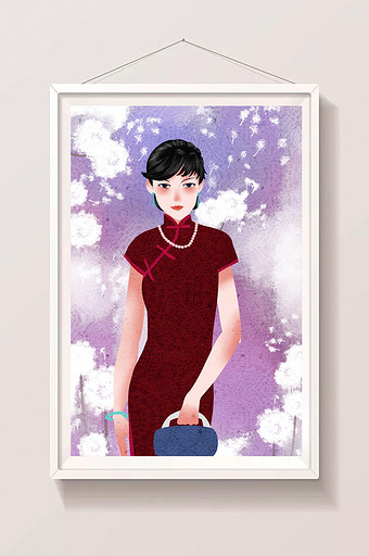唯美中国风紫色民国旗袍女性插画图片