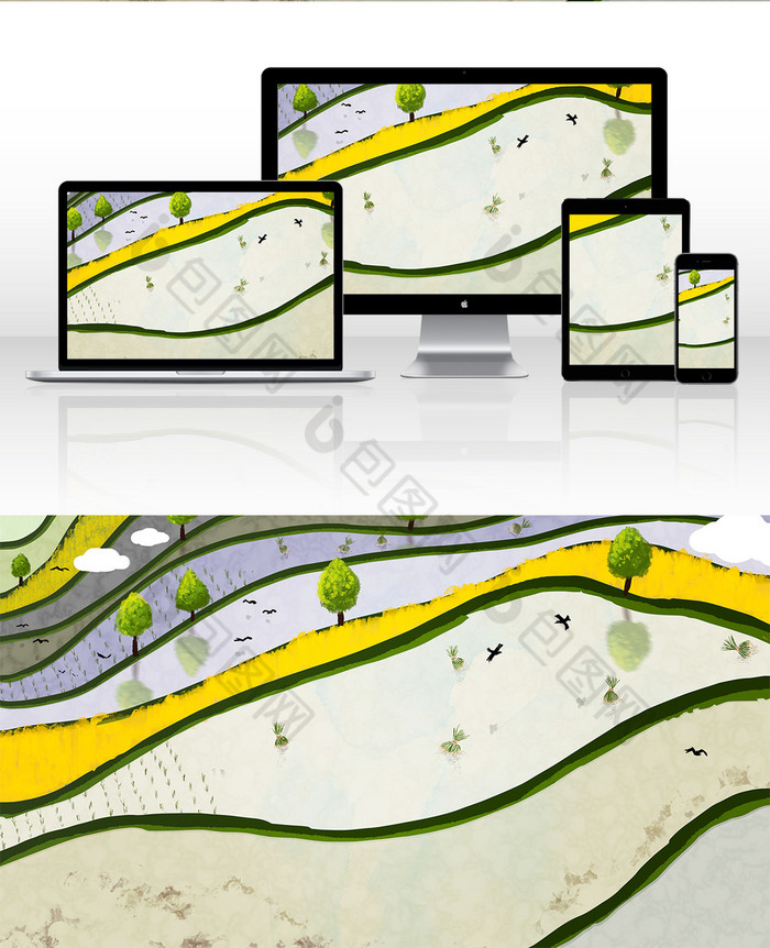 包图 插画 背景素材 【psd】 手绘水彩梯田水稻  所属分类: 插画 文件