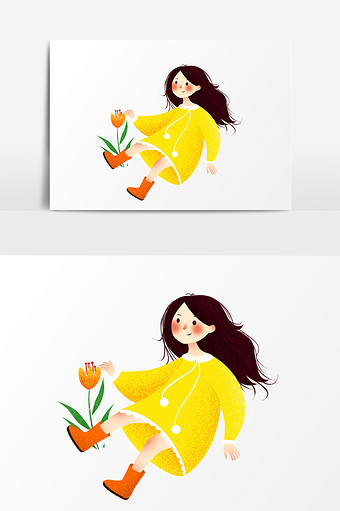 手绘黄衣女孩插画元素图片