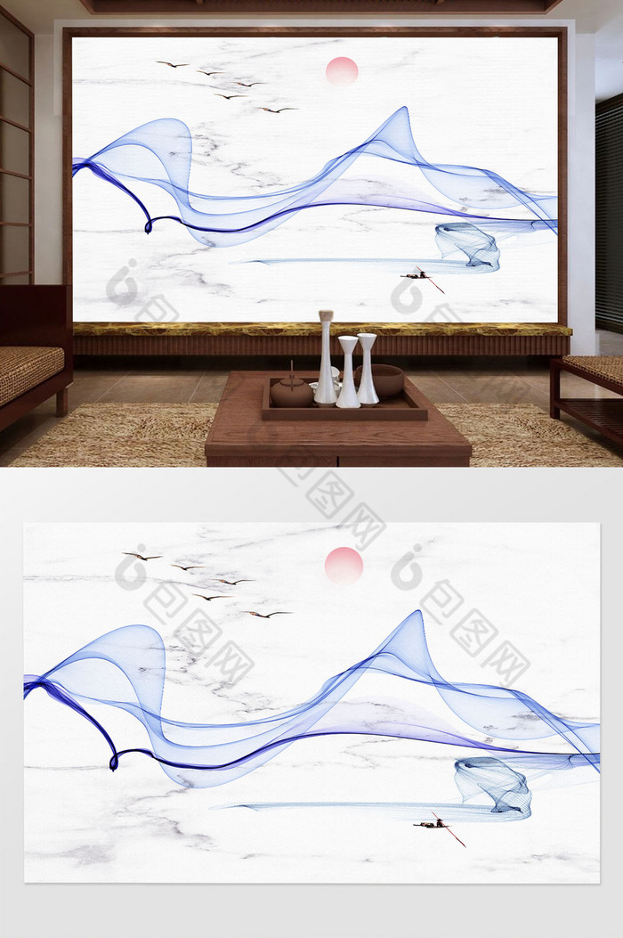 新中式禅意禅境水墨线纹山水画背景墙图片图片