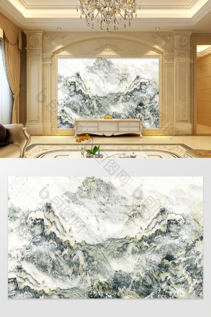高清3D大理石纹山水花日出背景墙意境风情图片图片