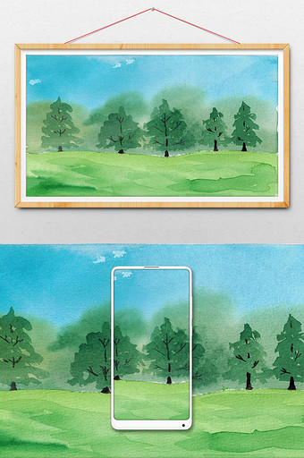 绿色树木树林清新山水水彩手绘扁平背景图片