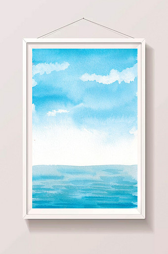 蓝色清新山水水彩天空手绘扁平背景素材图片