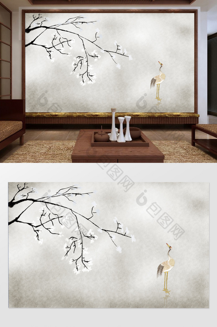 中式禅意仙鹤图简约背景墙图片图片