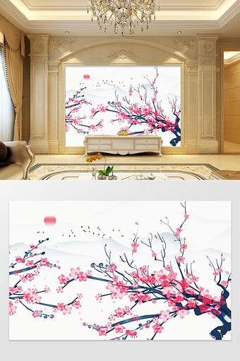 新中式水墨中国风梅花山峰客厅电视背景墙图片