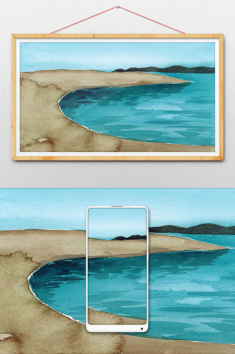 沙滩夏日风景水彩手绘背景素材图片