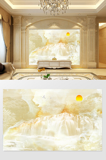 高清3D大理石纹山水花日出背景墙海天云瀑图片