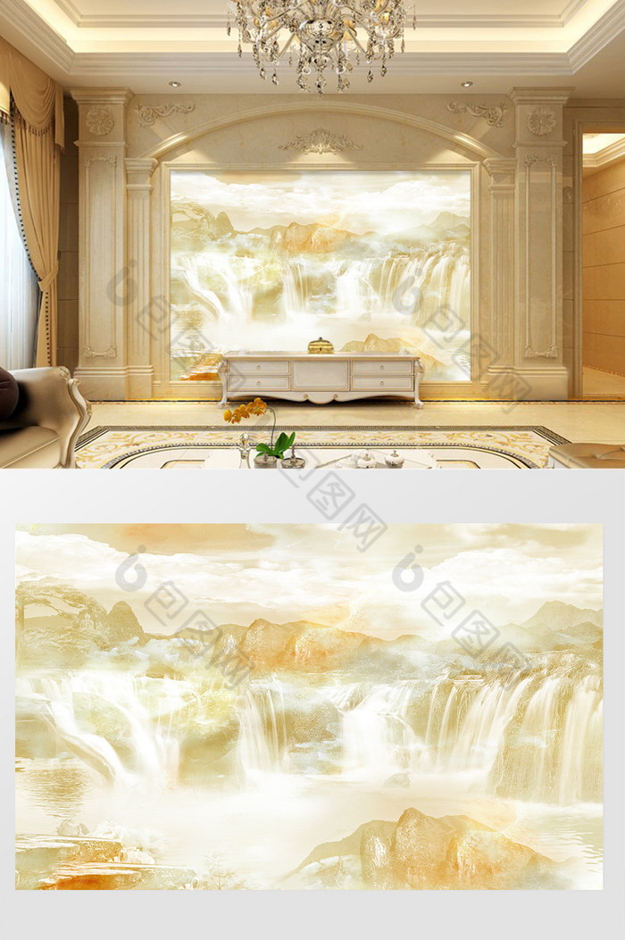 高清3D大理石纹山水花日出背景墙四海河山图片图片