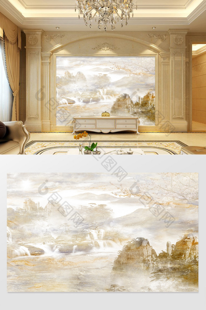 高清3D大理石纹山水花日出背景墙雅致河山图片图片