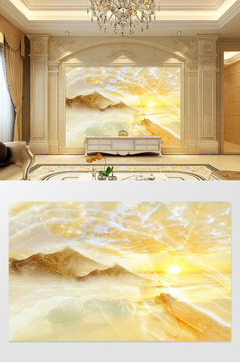 高清3D大理石纹山水花日出背景墙聚宝金山图片