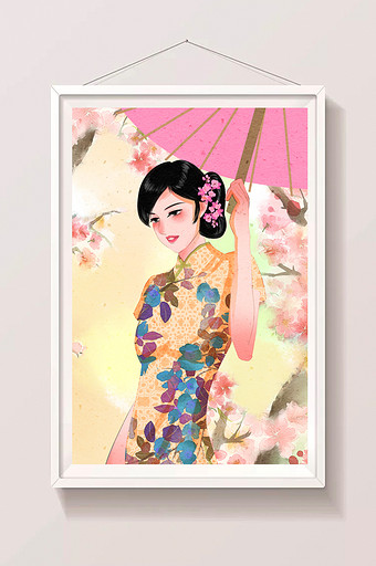 唯美中国风粉红色民国旗袍女性插画图片