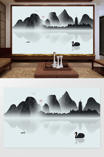 中国风写意创意简约水墨山水画电视背景墙图片