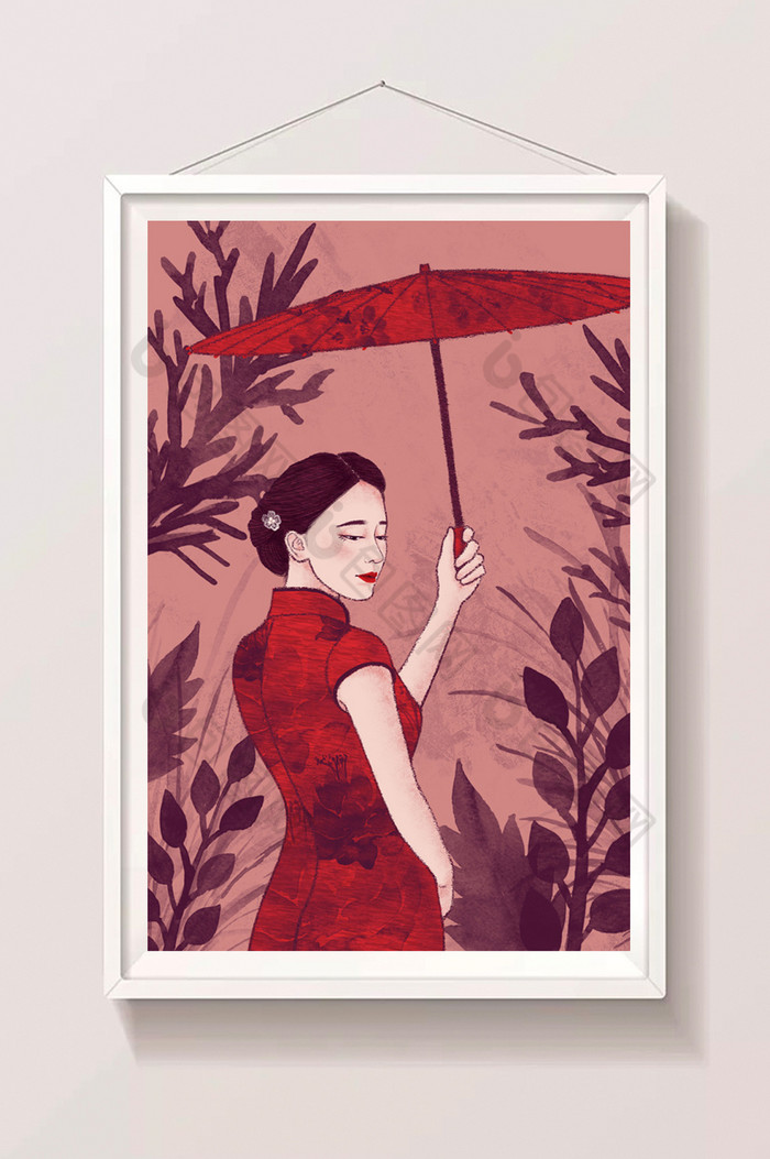 手绘美女女人中国红图片