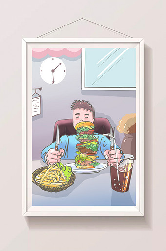 卡通巨无霸汉堡美食插画图片