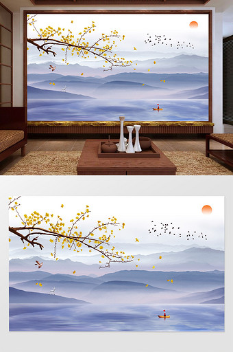新中式唯美花鸟山水画电视背景墙图片