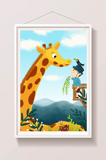 儿童节动物园里喂长颈鹿的小男孩插画图片