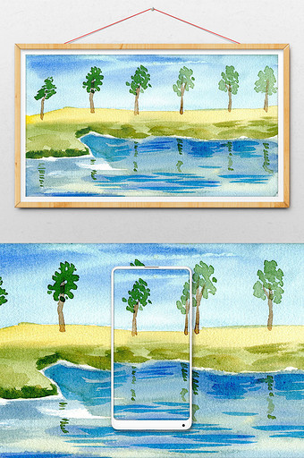 蓝色山水树木小树林水彩手绘背景素材图片