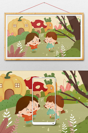 绿色植物六一儿童节小孩女生南瓜屋蘑菇插画图片
