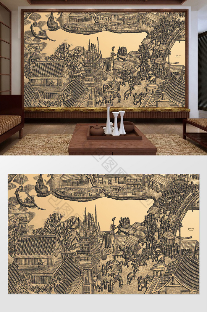 中式壁画古典背景墙碧波春色图片