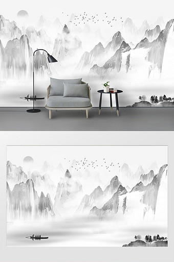 中国风手绘山水水墨意境电视背景墙图片
