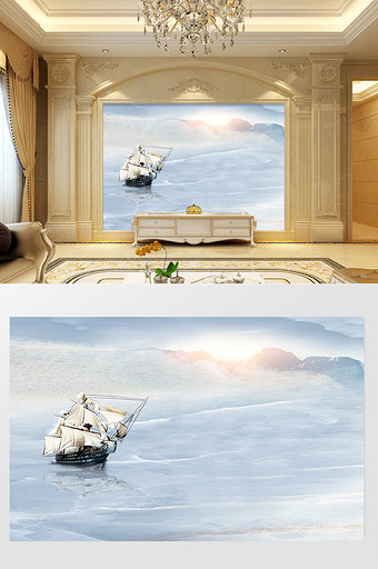 高清3D大理石纹山水花日出背景墙顺风顺水图片