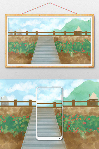 大坝围栏台阶插画图片