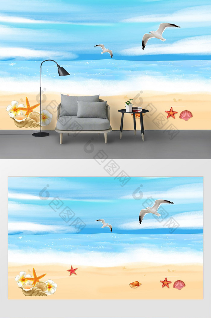 高清现代简约海洋蓝天白云仙鹤电视背景墙图片图片