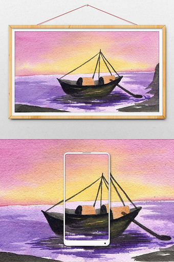 紫色山水船只水彩手绘背景素材图片