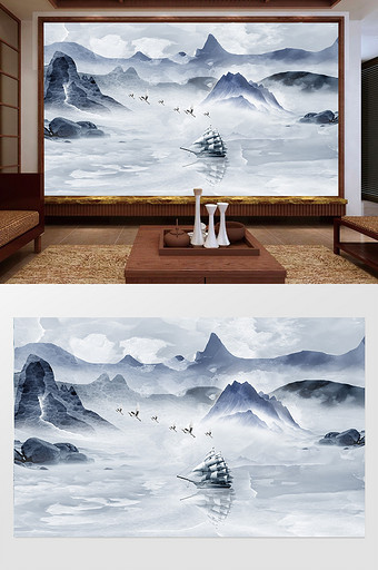 新中式创意禅意水墨山水背景墙图片