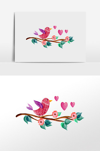 清新手绘水彩花树枝鸟插画元素图片