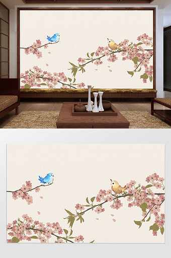 新中式花鸟画电视背景墙图片