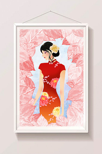 粉色唯美中国风旗袍女人插画图片