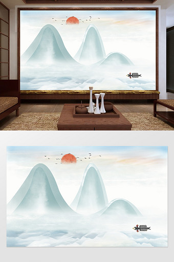 新中式水墨风抽象山水电视沙发背景墙定制图片