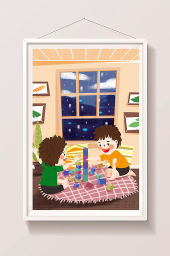 可爱欢快治愈六一儿童节孩子堆积木插画图片