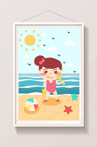 夏日海边沙滩小孩玩耍插画图片