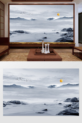 新中式创意意境水墨山水电视背景墙图片